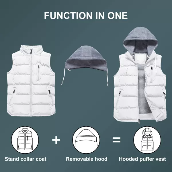 CREATMO US Mens Outdoor Winter Vest Outerwear Removable Hooded Padded Puffer Sleeveless VestWhite