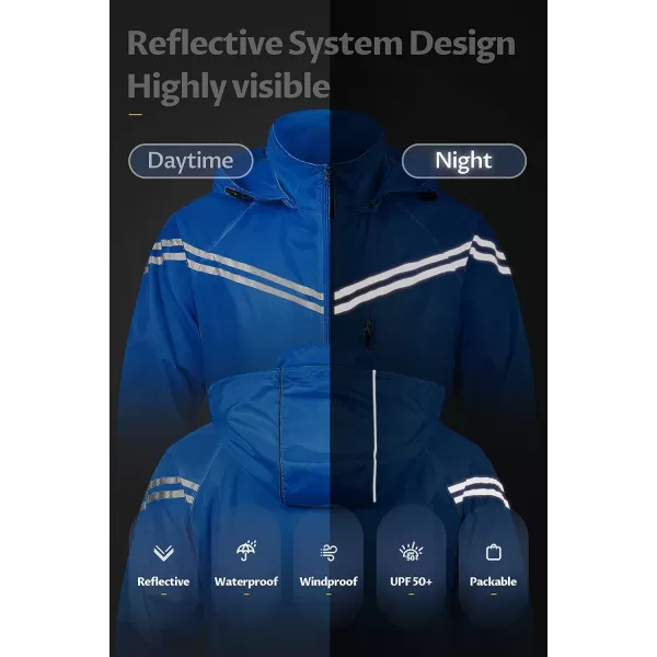 CREATMO US Mens Packable Waterproof Running Rain Coats Reflective Cycling Jacket Windbreaker With Removable HoodBlue