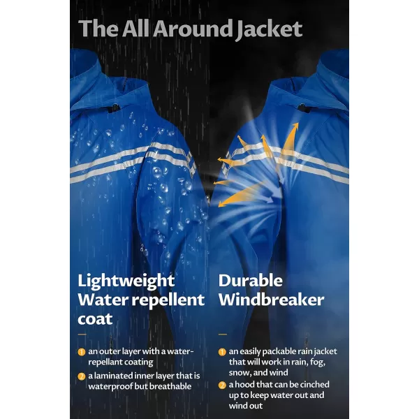 CREATMO US Mens Packable Waterproof Running Rain Coats Reflective Cycling Jacket Windbreaker With Removable HoodBlue