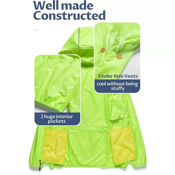 CREATMO US Mens Packable Waterproof Running Rain Coats Reflective Cycling Jacket Windbreaker With Removable HoodFluorescent Yellow