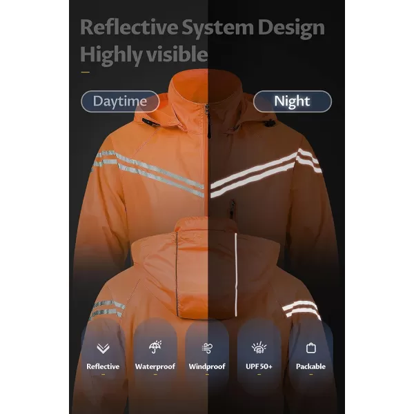CREATMO US Mens Packable Waterproof Running Rain Coats Reflective Cycling Jacket Windbreaker With Removable HoodOrange