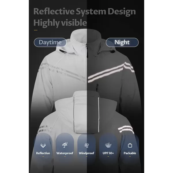 CREATMO US Mens Packable Waterproof Running Rain Coats Reflective Cycling Jacket Windbreaker With Removable HoodWhite