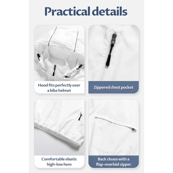 CREATMO US Mens Packable Waterproof Running Rain Coats Reflective Cycling Jacket Windbreaker With Removable HoodWhite