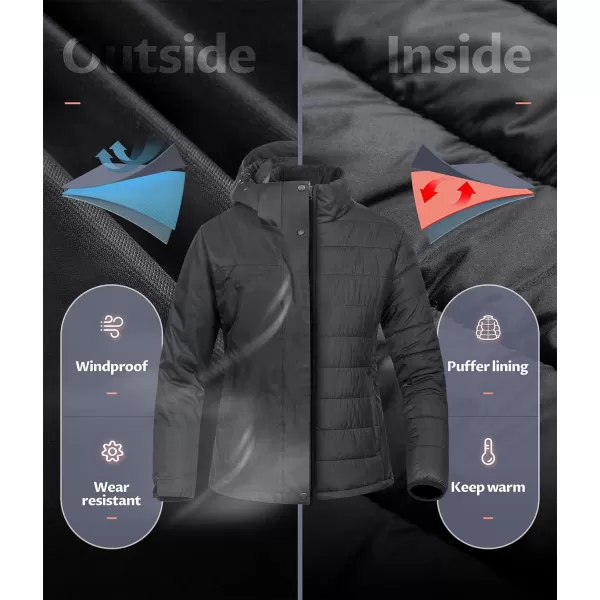 CREATMO US Womens 3 In 1 Waterproof Ski Jacket Windproof Snowboarding Jacket Warm Winter Snow Coat RaincoatBlack