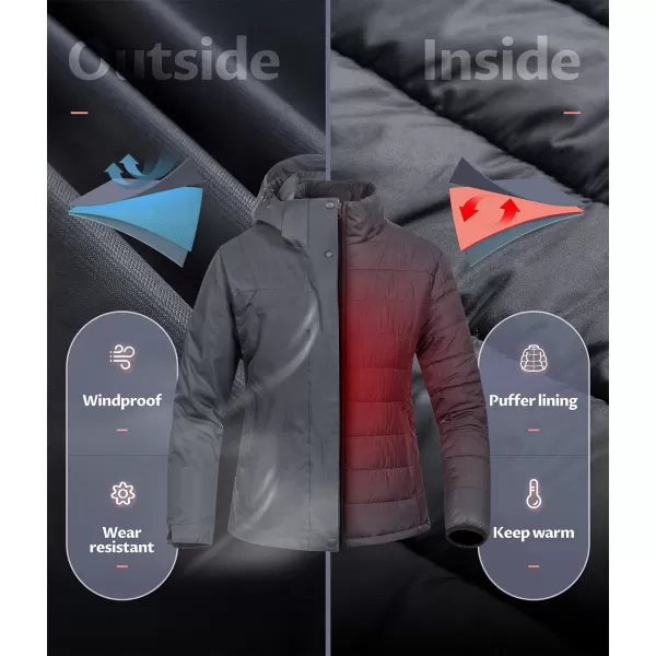 CREATMO US Womens 3 In 1 Waterproof Ski Jacket Windproof Snowboarding Jacket Warm Winter Snow Coat RaincoatGrey