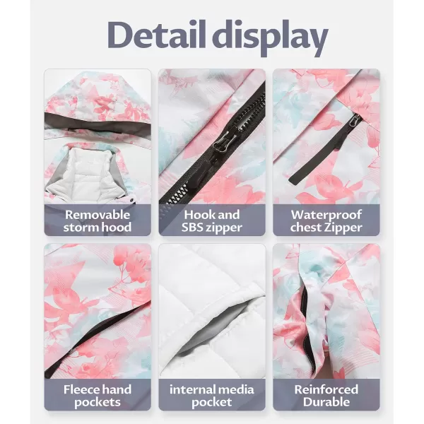 CREATMO US Womens 3 In 1 Waterproof Ski Jacket Windproof Snowboarding Jacket Warm Winter Snow Coat RaincoatPink Printed