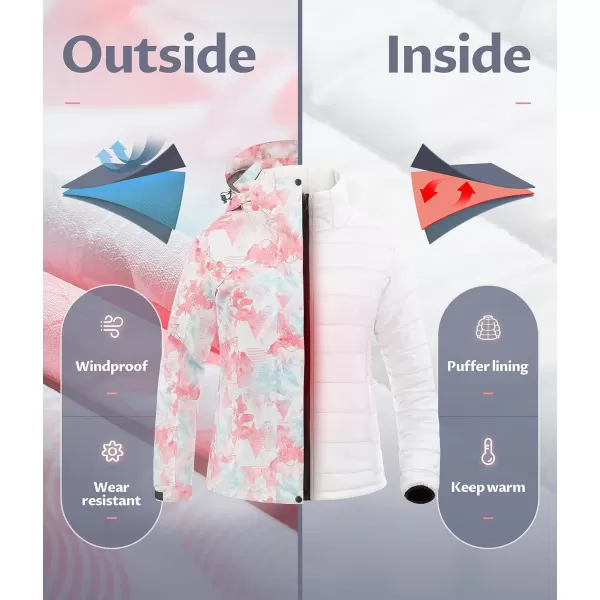 CREATMO US Womens 3 In 1 Waterproof Ski Jacket Windproof Snowboarding Jacket Warm Winter Snow Coat RaincoatPink Printed