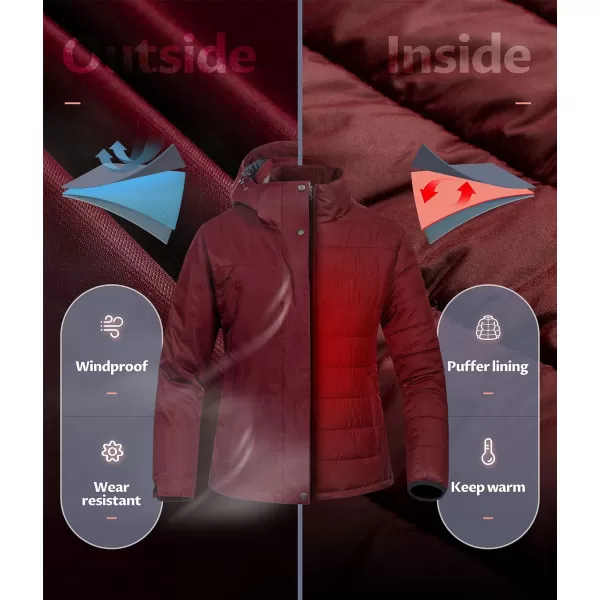 CREATMO US Womens 3 In 1 Waterproof Ski Jacket Windproof Snowboarding Jacket Warm Winter Snow Coat RaincoatWine Red
