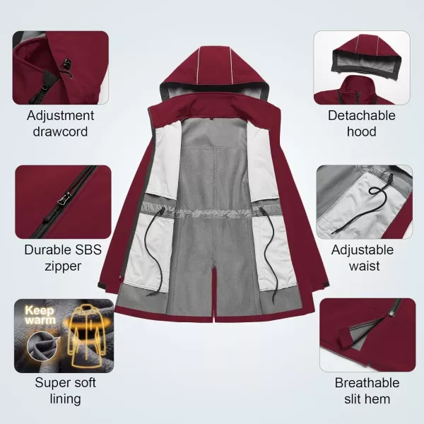 CREATMO US Womens Lightweight Waterproof Long Softshell Tactical Jacket Fleece Lined WindbreakerBurgundy