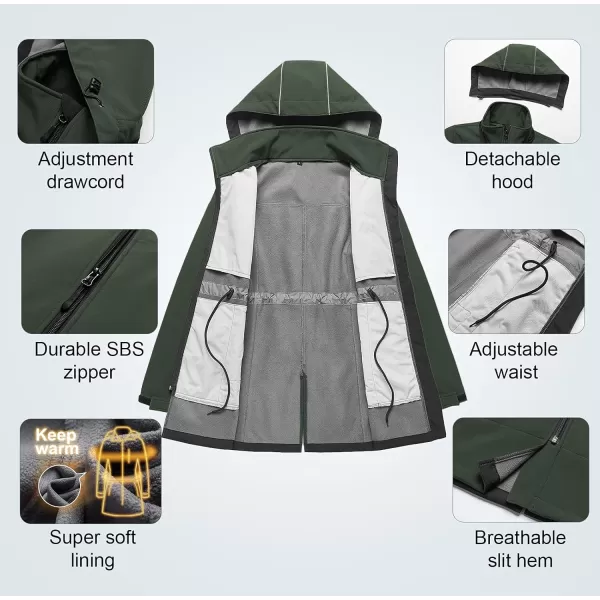CREATMO US Womens Lightweight Waterproof Long Softshell Tactical Jacket Fleece Lined WindbreakerGreen