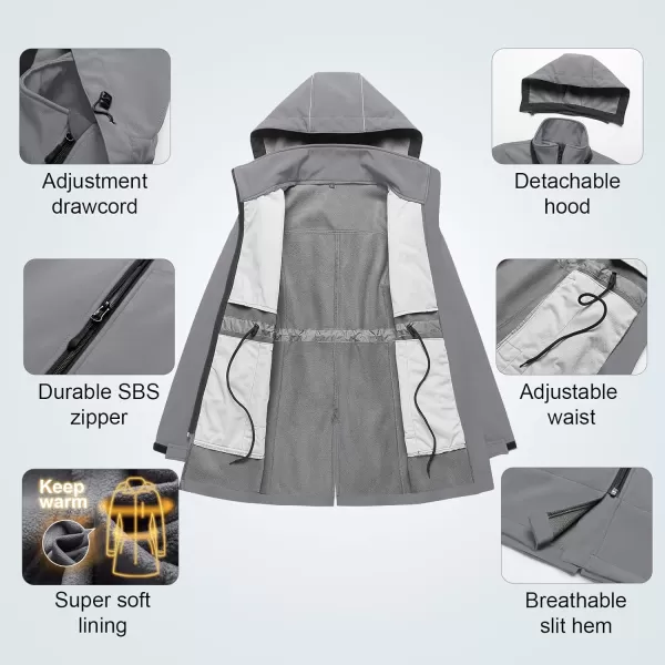 CREATMO US Womens Lightweight Waterproof Long Softshell Tactical Jacket Fleece Lined WindbreakerLight Grey