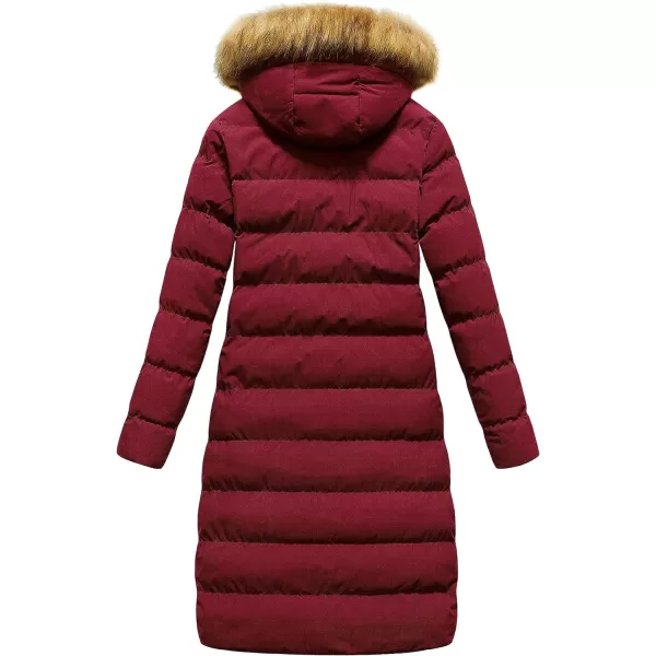 CREATMO US Womens Long Winter Faux Fur Coat Puffer Warm Jacket with Detachable HoodBurgundy