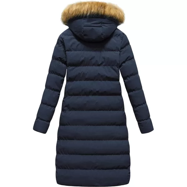 CREATMO US Womens Long Winter Faux Fur Coat Puffer Warm Jacket with Detachable HoodNavy