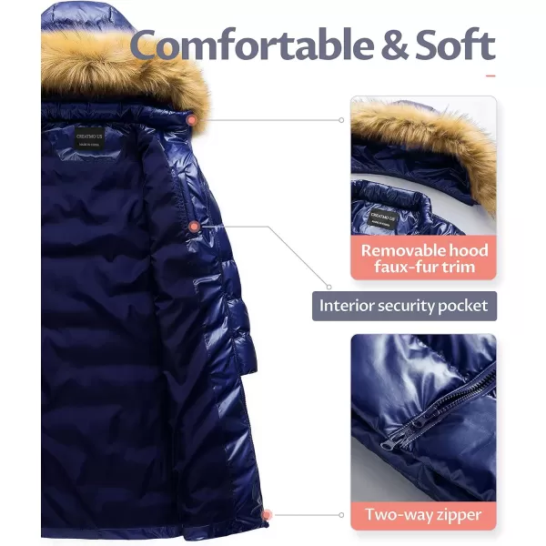 CREATMO US Womens Long Winter Faux Fur Coat Puffer Warm Jacket with Detachable HoodShine Navy