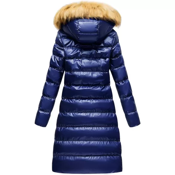 CREATMO US Womens Long Winter Faux Fur Coat Puffer Warm Jacket with Detachable HoodShine Navy