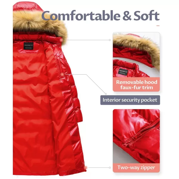 CREATMO US Womens Long Winter Faux Fur Coat Puffer Warm Jacket with Detachable HoodShine Red