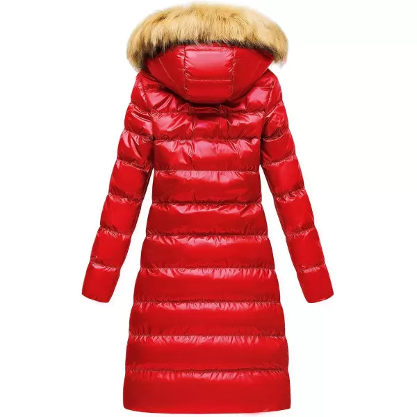 CREATMO US Womens Long Winter Faux Fur Coat Puffer Warm Jacket with Detachable HoodShine Red