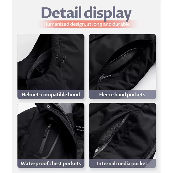CREATMO US Womens Mountain Waterproof Ski Jacket Windproof Snowboarding Jacket Warm Winter Coat RaincoatBlack