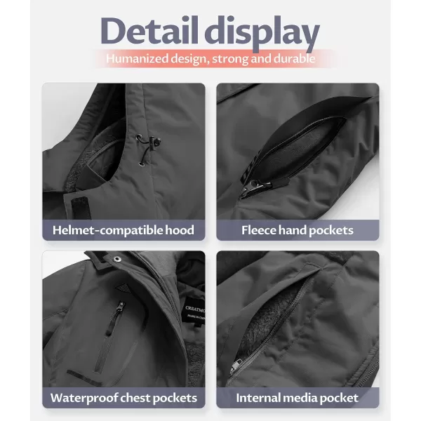 CREATMO US Womens Mountain Waterproof Ski Jacket Windproof Snowboarding Jacket Warm Winter Coat RaincoatGrey