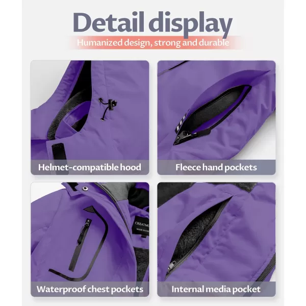 CREATMO US Womens Mountain Waterproof Ski Jacket Windproof Snowboarding Jacket Warm Winter Coat RaincoatLight Purple