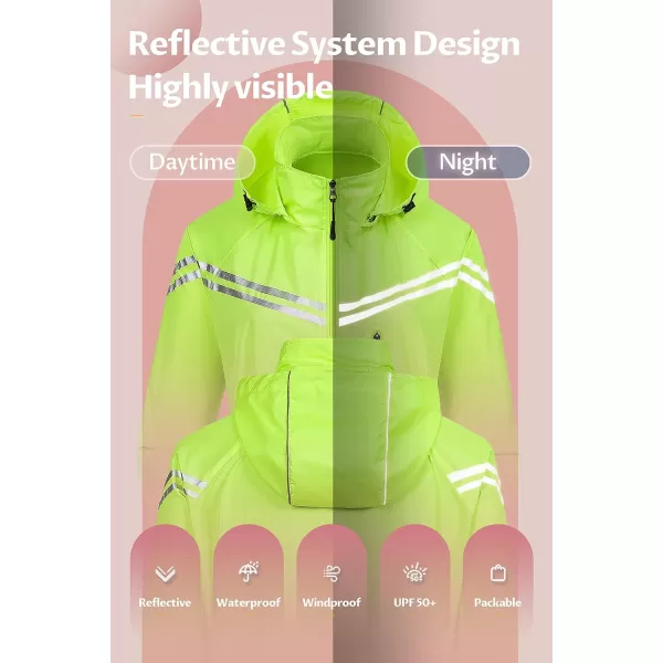 CREATMO US Womens Packable Waterproof Running Rain Coat Reflective Cycling Jacket Windbreaker With Detachable HoodFluorescent Yellow