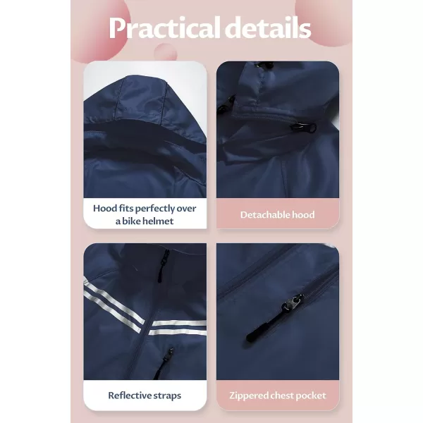 CREATMO US Womens Packable Waterproof Running Rain Coat Reflective Cycling Jacket Windbreaker With Detachable HoodNavy Blue