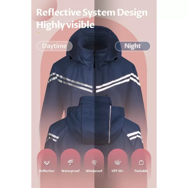 CREATMO US Womens Packable Waterproof Running Rain Coat Reflective Cycling Jacket Windbreaker With Detachable HoodNavy Blue