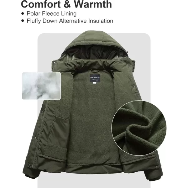 CREATMO US Womens Plus Size Warm Puffer Jacket Waterproof Fleece Lined Winter Coat with Removable HoodArmy Green