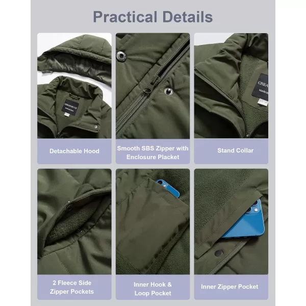CREATMO US Womens Plus Size Warm Puffer Jacket Waterproof Fleece Lined Winter Coat with Removable HoodArmy Green