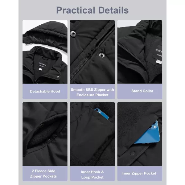 CREATMO US Womens Plus Size Warm Puffer Jacket Waterproof Fleece Lined Winter Coat with Removable HoodBlack