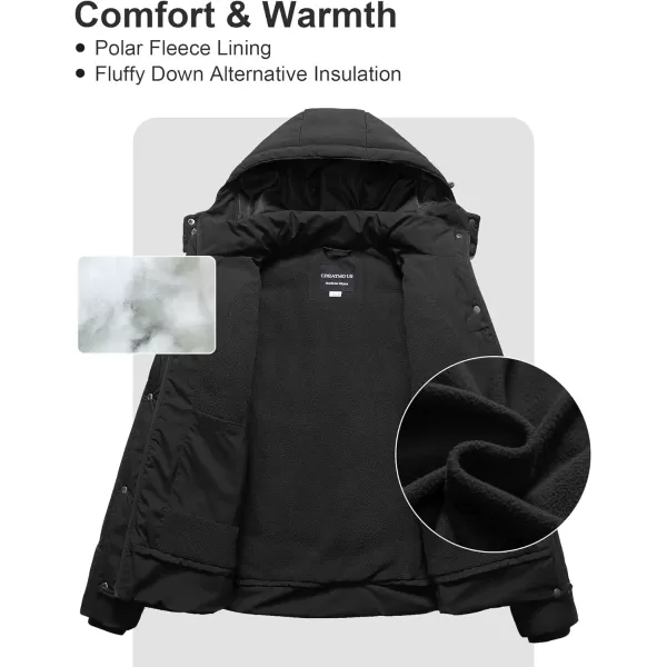 CREATMO US Womens Plus Size Warm Puffer Jacket Waterproof Fleece Lined Winter Coat with Removable HoodBlack