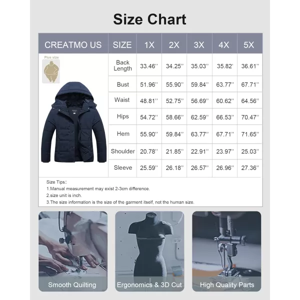 CREATMO US Womens Plus Size Warm Puffer Jacket Waterproof Fleece Lined Winter Coat with Removable HoodNavy Blue