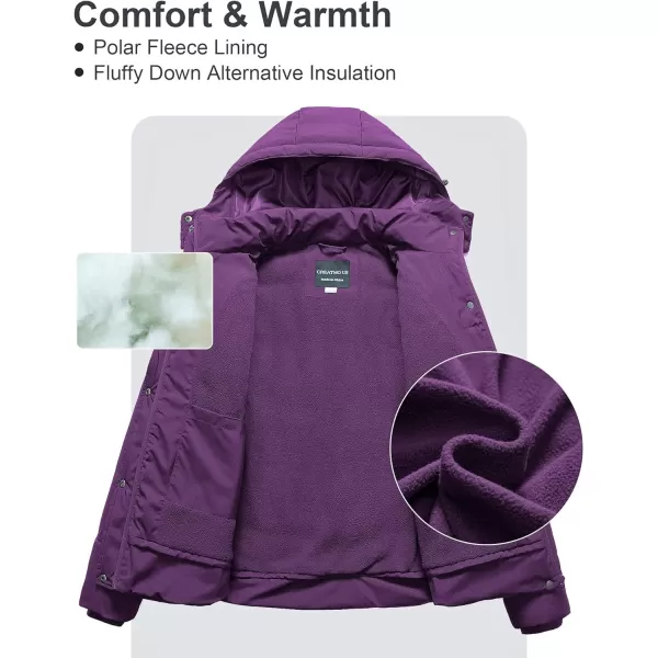 CREATMO US Womens Plus Size Warm Puffer Jacket Waterproof Fleece Lined Winter Coat with Removable HoodPurple