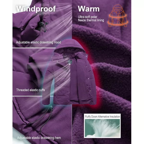 CREATMO US Womens Plus Size Warm Puffer Jacket Waterproof Fleece Lined Winter Coat with Removable HoodPurple