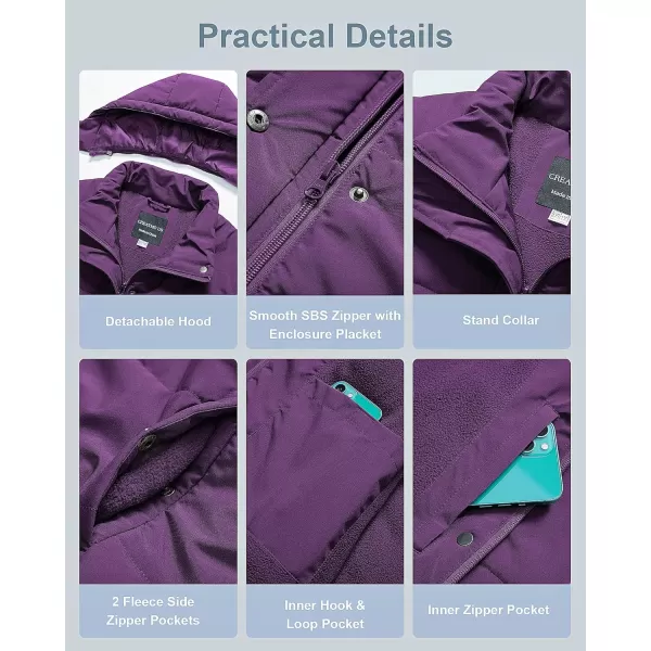 CREATMO US Womens Plus Size Warm Puffer Jacket Waterproof Fleece Lined Winter Coat with Removable HoodPurple