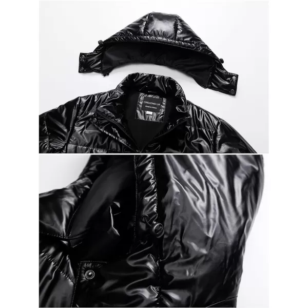 CREATMO US Womens Plus Size Warm Puffer Jacket Waterproof Fleece Lined Winter Coat with Removable HoodShiny Black
