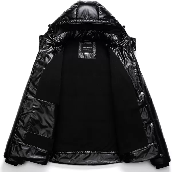 CREATMO US Womens Plus Size Warm Puffer Jacket Waterproof Fleece Lined Winter Coat with Removable HoodShiny Black