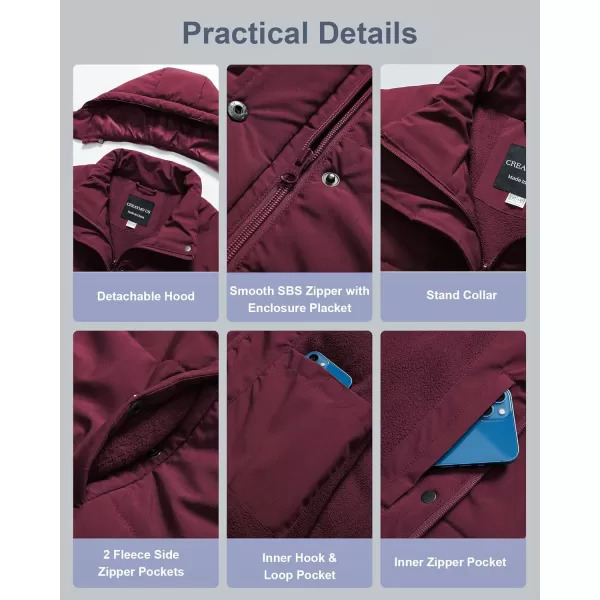 CREATMO US Womens Plus Size Warm Puffer Jacket Waterproof Fleece Lined Winter Coat with Removable HoodWine Red