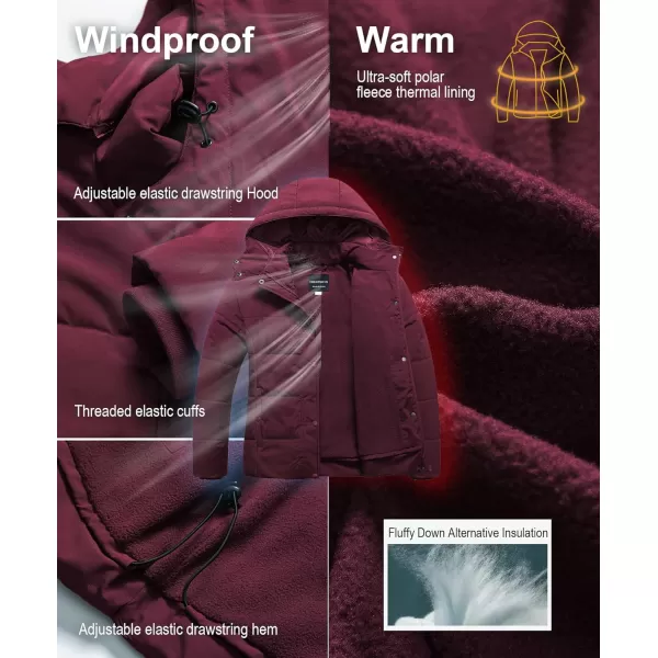 CREATMO US Womens Plus Size Warm Puffer Jacket Waterproof Fleece Lined Winter Coat with Removable HoodWine Red