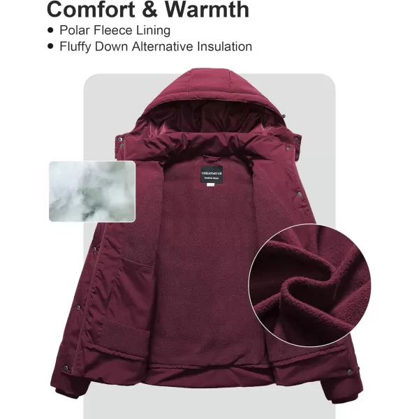 CREATMO US Womens Plus Size Warm Puffer Jacket Waterproof Fleece Lined Winter Coat with Removable HoodWine Red
