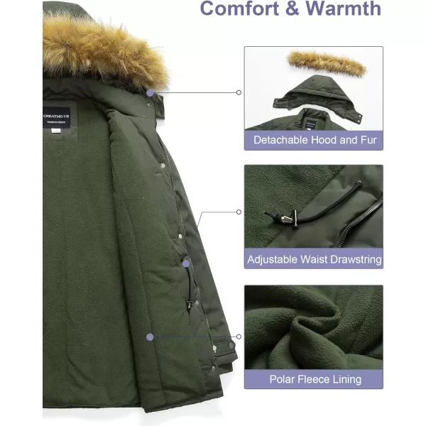 CREATMO US Womens Plus Size Winter Coat Waterproof Long Puffer Jacket Warm Military Thicken Parka with Fur HoodArmy Green