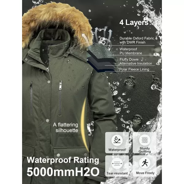 CREATMO US Womens Plus Size Winter Coat Waterproof Long Puffer Jacket Warm Military Thicken Parka with Fur HoodArmy Green