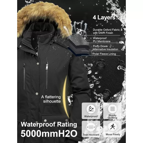 CREATMO US Womens Plus Size Winter Coat Waterproof Long Puffer Jacket Warm Military Thicken Parka with Fur HoodBlack