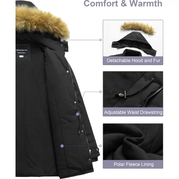 CREATMO US Womens Plus Size Winter Coat Waterproof Long Puffer Jacket Warm Military Thicken Parka with Fur HoodBlack