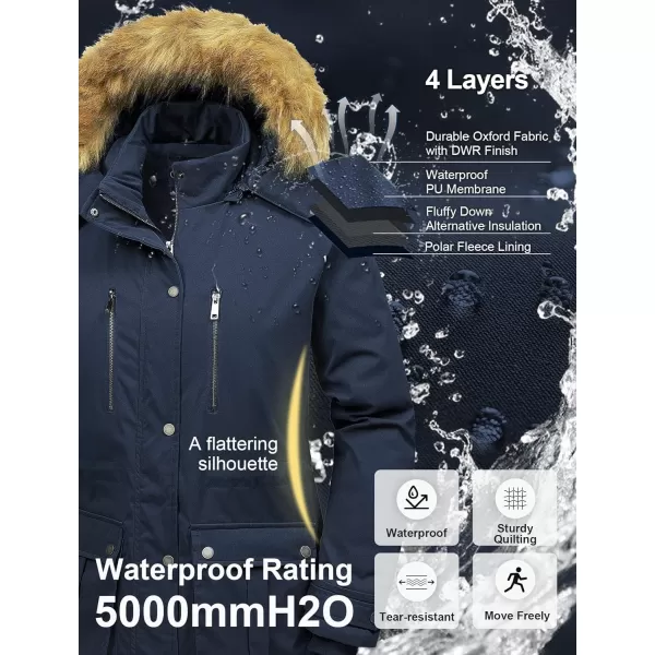 CREATMO US Womens Plus Size Winter Coat Waterproof Long Puffer Jacket Warm Military Thicken Parka with Fur HoodNavy Blue