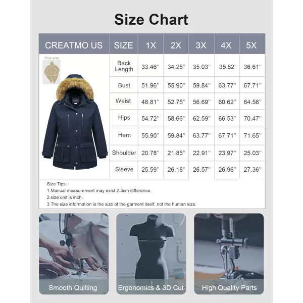 CREATMO US Womens Plus Size Winter Coat Waterproof Long Puffer Jacket Warm Military Thicken Parka with Fur HoodNavy Blue