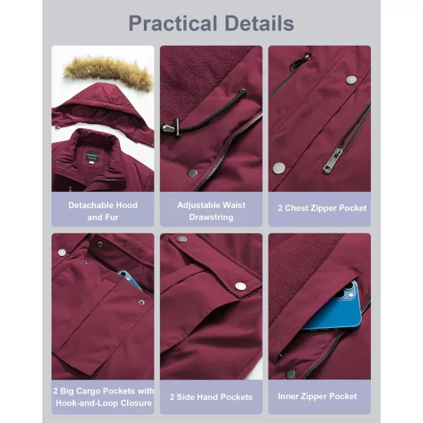 CREATMO US Womens Plus Size Winter Coat Waterproof Long Puffer Jacket Warm Military Thicken Parka with Fur HoodWine Red