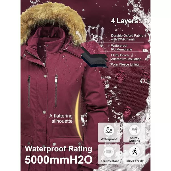 CREATMO US Womens Plus Size Winter Coat Waterproof Long Puffer Jacket Warm Military Thicken Parka with Fur HoodWine Red