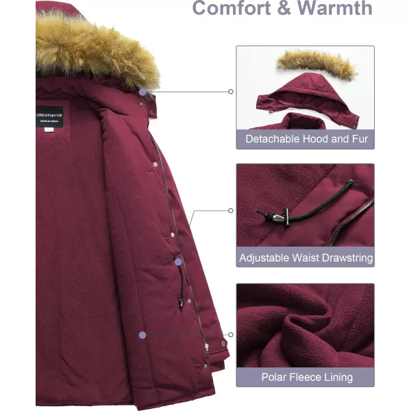 CREATMO US Womens Plus Size Winter Coat Waterproof Long Puffer Jacket Warm Military Thicken Parka with Fur HoodWine Red