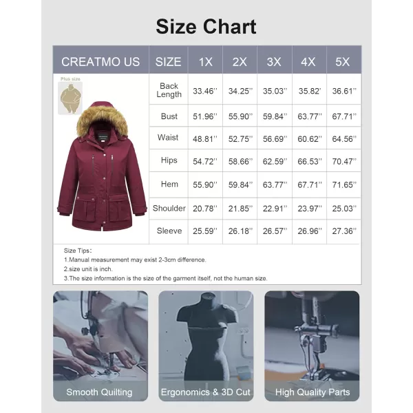 CREATMO US Womens Plus Size Winter Coat Waterproof Long Puffer Jacket Warm Military Thicken Parka with Fur HoodWine Red